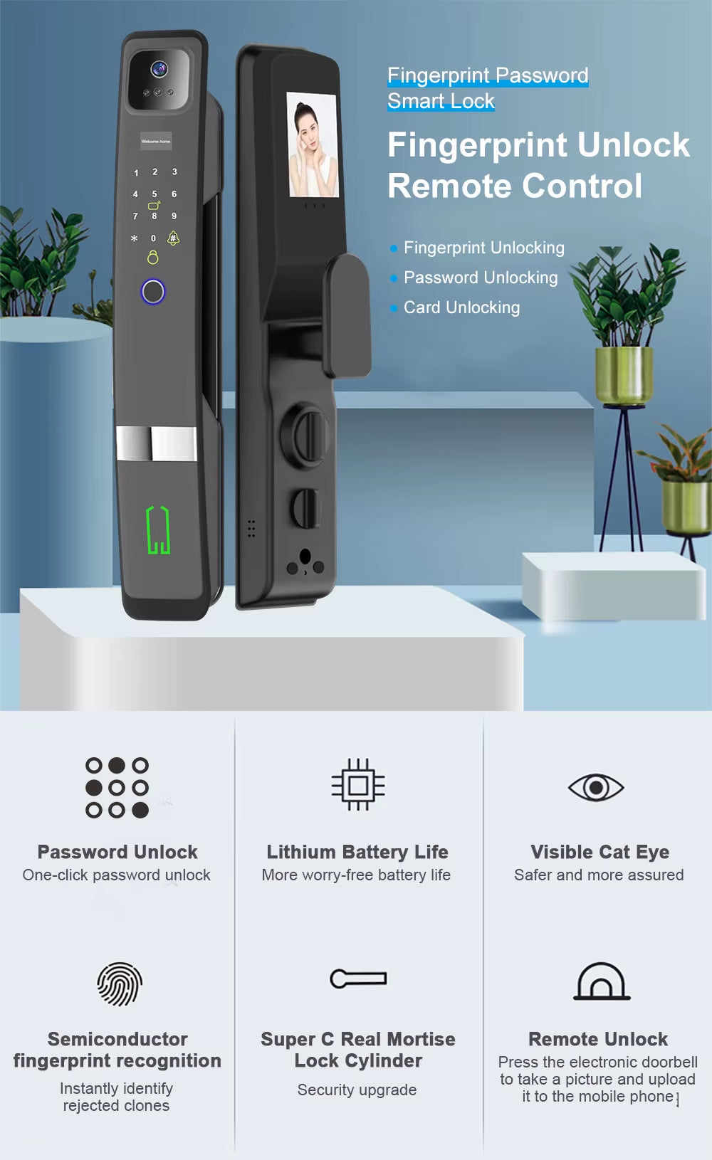 Tuya Wi-Fi Fingerprint 3D Face Recognition Smart Door Lock & Video Doorbell with Camera Wood/Steel Doors Cloud Storage