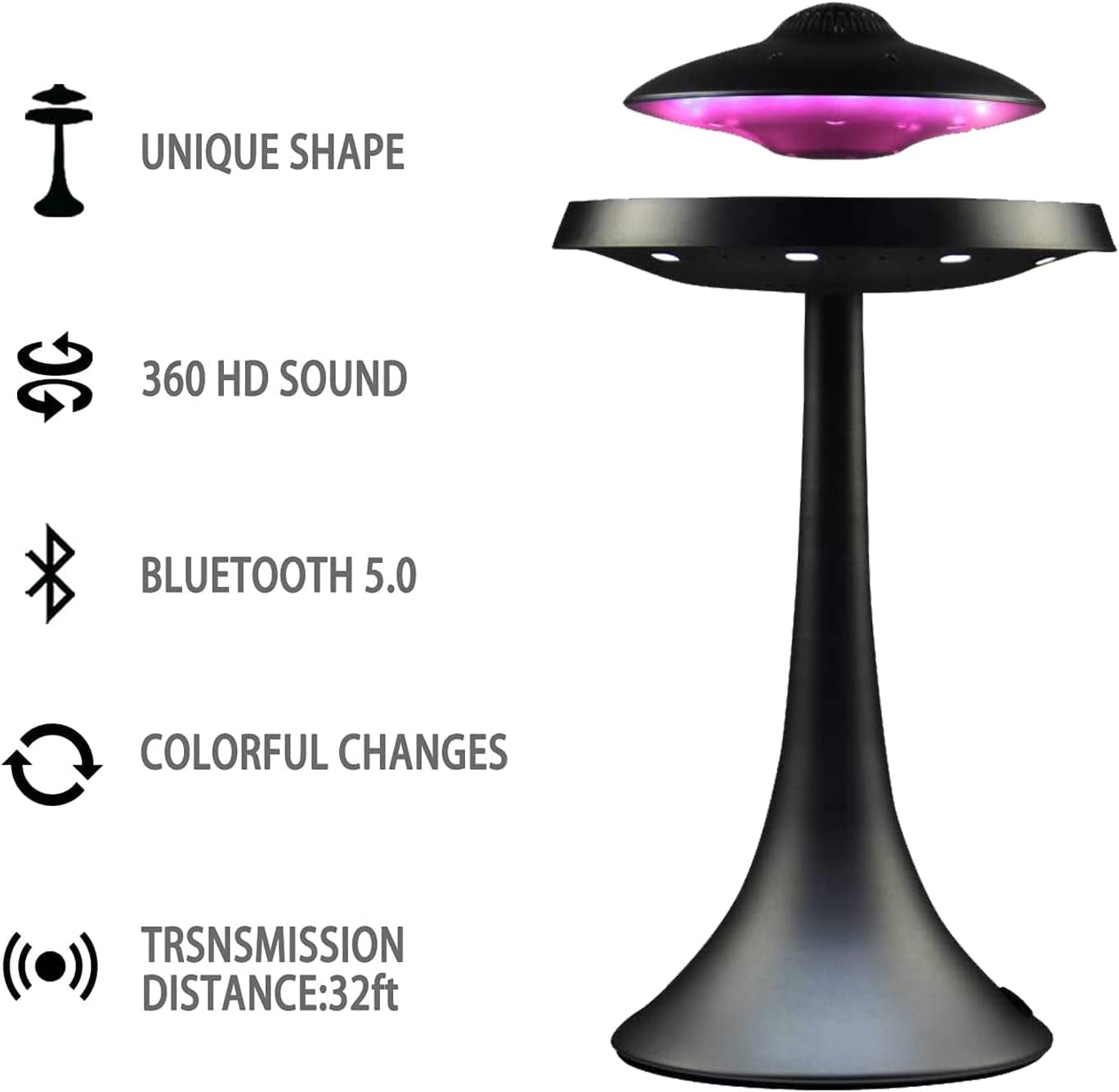 Magnetic Levitating UFO Bluetooth Speaker Table Lamp with Colorful Light Show, Office Home Decor Cool Stuff,Gadgets for Men Electronics,Birthday Christmas Creative Gift(Black)