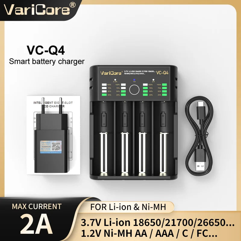 VCQ4 TC2 Intelligent Battery Charger Portable for 3.7V Lithium 18650 26650 21700 18500 18350 1.2V NI-MH Ni-Cd AA AAA
