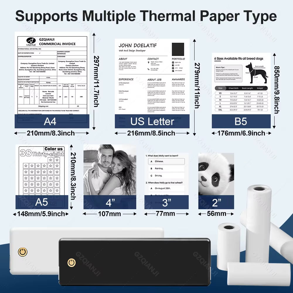 A4 Portable Printer, Lightweight and Compact Thermal Mobile Printer, Wireless Bluetooth Printer for Travel, Home, Office Use