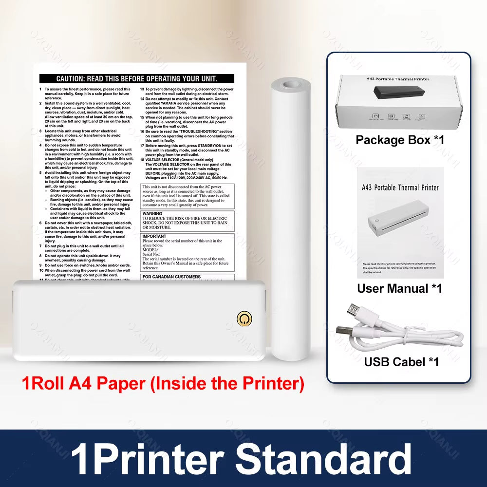 A4 Portable Printer, Lightweight and Compact Thermal Mobile Printer, Wireless Bluetooth Printer for Travel, Home, Office Use