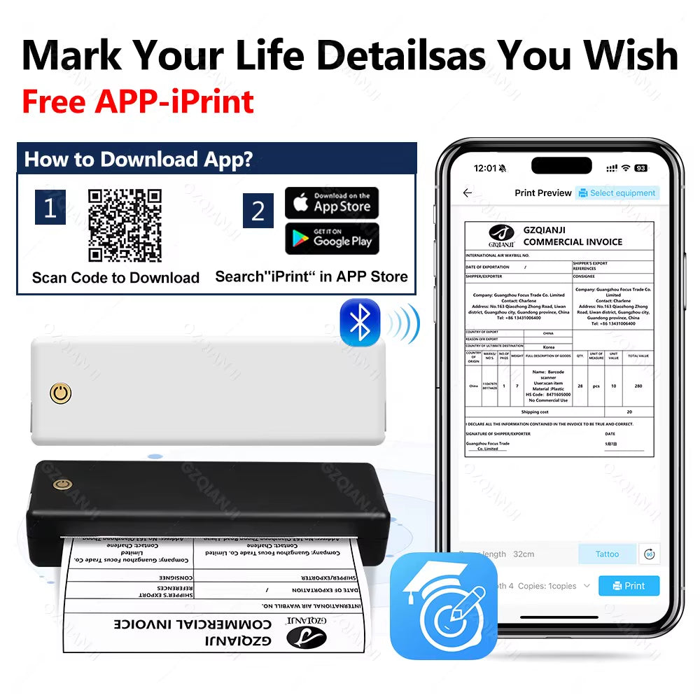 A4 Portable Printer, Lightweight and Compact Thermal Mobile Printer, Wireless Bluetooth Printer for Travel, Home, Office Use