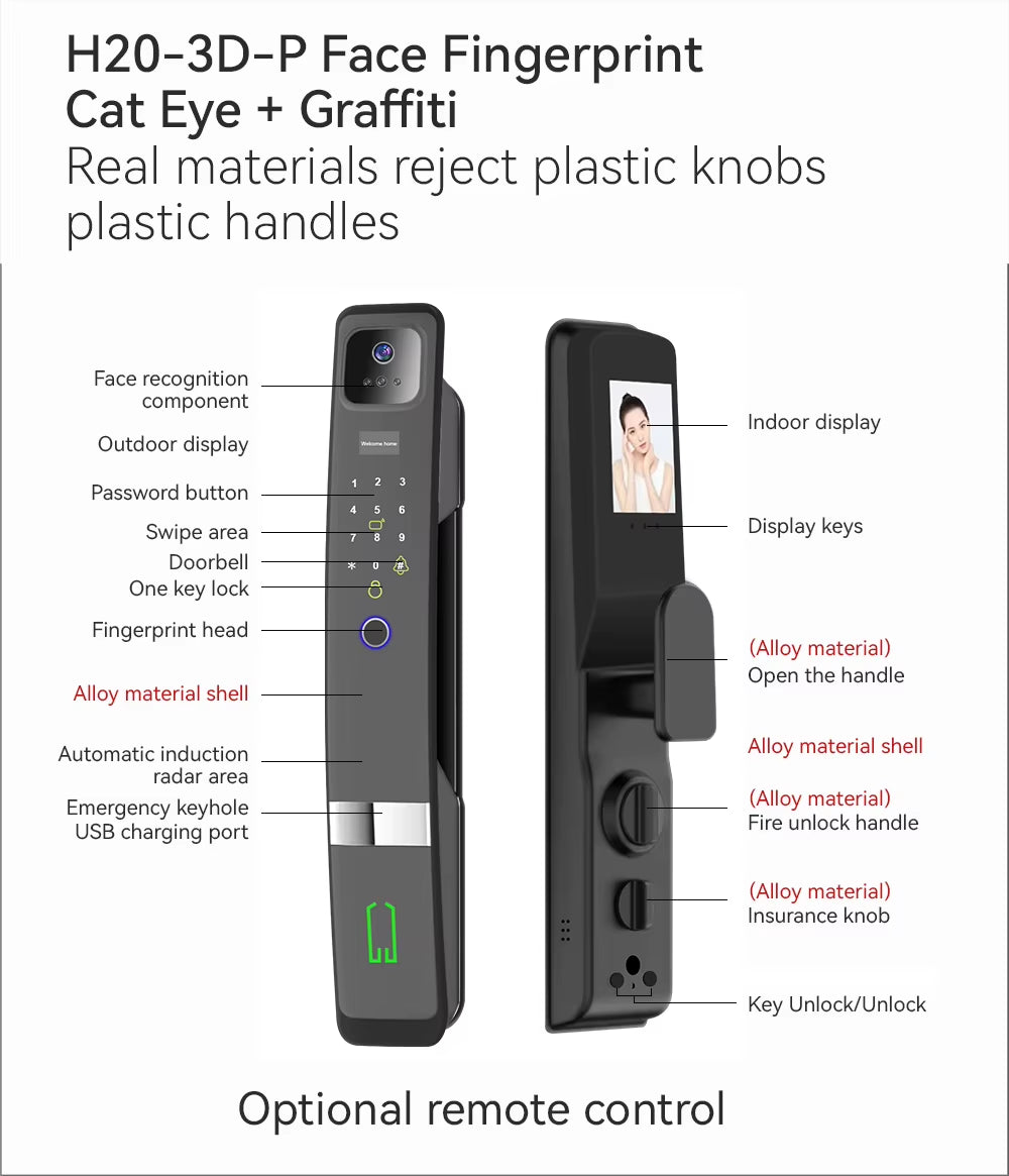 Tuya Wi-Fi Fingerprint 3D Face Recognition Smart Door Lock & Video Doorbell with Camera Wood/Steel Doors Cloud Storage