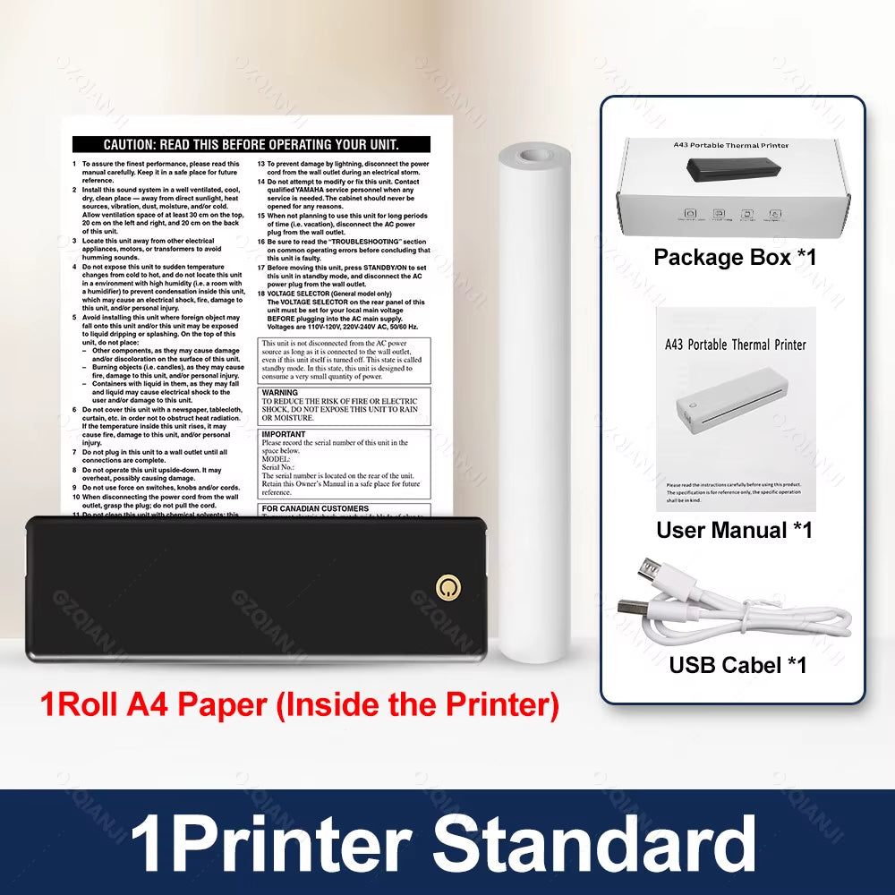 A4 Portable Printer, Lightweight and Compact Thermal Mobile Printer, Wireless Bluetooth Printer for Travel, Home, Office Use