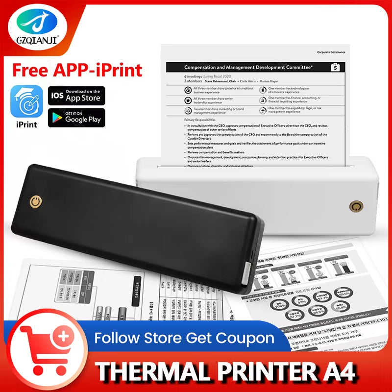 A4 Portable Printer, Lightweight and Compact Thermal Mobile Printer, Wireless Bluetooth Printer for Travel, Home, Office Use
